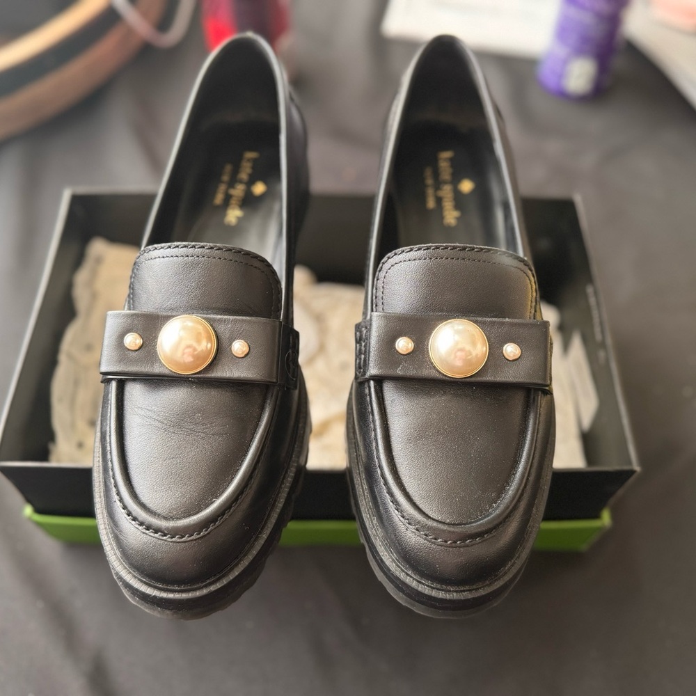 Kate Spade Black Loafers with Gold Pearl Accent